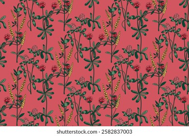 Botanical abstract plant seamless pattern with wildflowers Clovers vector illustration. Repeating retro floral pattern in pink color background. Graphic design for Wallpaper Textile Cover Birthday
