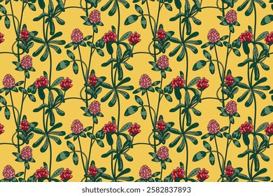 Botanical abstract plant seamless pattern with wildflowers Clovers vector illustration. Repeating retro floral pattern in yellow color background. Graphic design for Wallpaper Textile Cover Birthday 