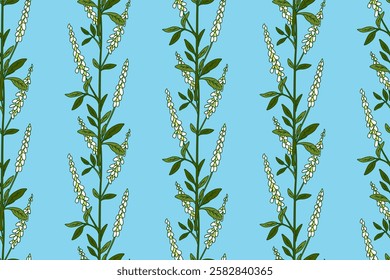 Botanical abstract plant seamless pattern with wildflowers vector illustration. Repeating retro floral pattern in light blue color background. Graphic design for Wallpaper Textile Cover Birthday Card