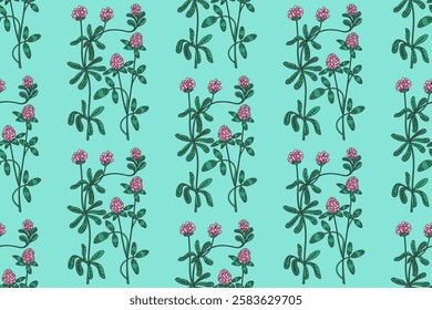 Botanical abstract plant seamless pattern with wildflowers Clovers vector illustration. Repeating retro floral pattern in light blue color background. Graphic design for Wallpaper Textile Cover Print