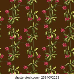 Botanical abstract plant seamless pattern with wildflowers Clovers vector illustration. Repeating retro floral pattern in brown color background. Graphic design for Wallpaper Textile Cover Print