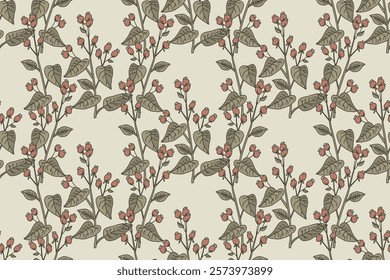 Botanical abstract seamless branch with leaves and berries pattern vector illustration. Repeating tree plant print in beie pastel colors. Graphic design for Wallpaper Wedding Cover Wrapping Textile