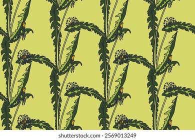 Botanical abstract seamless pattern background with dandelion flowers vector illustration. Repeating line art floral print in green vintage pastel colors. Graphic design for Wallpaper Wedding Cover