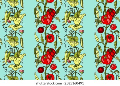 Botanical abstract seamless pattern with cartoon growing tomatoes and peas vector illustration. Repeating vegetables pattern in light blue color background. Graphic design for Wallpaper Textile Cover 