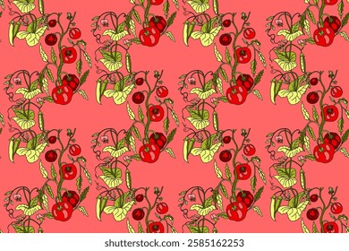 Botanical abstract seamless pattern with cartoon growing tomatoes and peas vector illustration.Repeating vegetables pattern in pink color background. Graphic design for Wallpaper Textile Cover Fashion