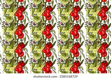 Botanical abstract seamless pattern with cartoon growing tomatoes and peas vector illustration. Repeating vegetables pattern in white color background. Graphic design for Wallpaper Textile Cover Print