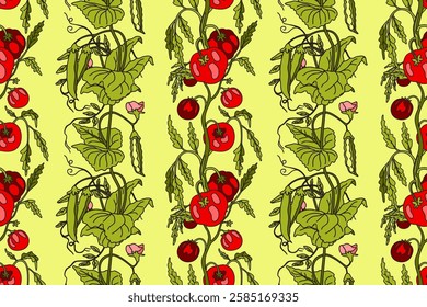 Botanical abstract seamless pattern with cartoon growing tomatoes and peas vector illustration.Repeating vegetables pattern in yellow color background. Graphic design for Wallpaper Textile Cover Print