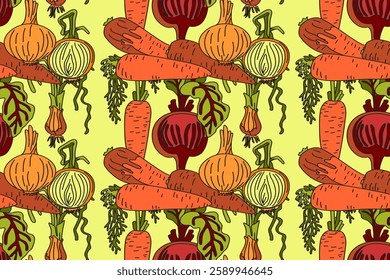 Botanical abstract seamless pattern with cartoon colorful carrots, onions, beets vector illustration. Repeating vegetables pattern in yellow color background. Graphic design for Fashion Cover Textile 