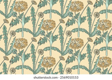 Botanical abstract seamless pattern with chrysanthemum vector illustration. Repeating line art floral print in vintage pastel colors. Graphic design for Wallpaper Wedding Cover Wrapping pack Textile