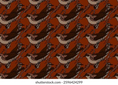 Botanical abstract seamless pattern with garden birds vector illustration. Colorful repeating cartoon pattern birds in brown color background. Graphic design for Fashion Cover Textile Birthday Card