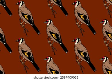 Botanical abstract seamless pattern with garden birds vector illustration. Colorful repeating carduelis birds cartoon pattern in brown color background. Graphic design for Fashion Cover Textile Print