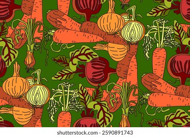 Botanical abstract seamless pattern with juicy vegetables vector illustration. Colorful carrots, onions, beets repeating cartoon pattern in green color background. Graphic design for Fashion Cover