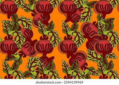 Botanical abstract seamless pattern with juicy beets vector illustration. Colorful vegetables repeating cartoon pattern in orange color background. Graphic design for Fashion Cover Textile Print Card