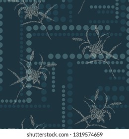 Botanical abstract seamless pattern. Mix polka dots with silhouette striped flower branches. Modern geometric vector texture. Vector illustration. Fashion, design, fabric, print. Retro, vintage style