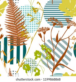 Patrón abstracto botánico sin fisuras. Textura vectorial creativa moderna. Las siluetas de plantas silvestres en la polka tienen fondo geométrico. Ilustración de dibujo manual para su diseño. Bueno para las impresiones de moda.