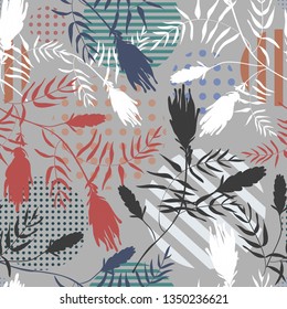 Botanical abstract seamless pattern. Modern creative vector texture. Wild plant color silhouettes on polka dots geometric background. Hand drawing illustration for your design. Good for fashion print