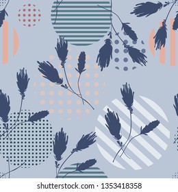 Botanical abstract seamless pattern. Modern creative vector texture. Wild plant color silhouettes on polka dots geometric background. Hand drawing illustration for your design. Good for fashion print