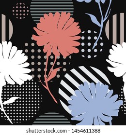 Botanical abstract seamless pattern. Modern creative vector texture. Wild plant color silhouettes on polka dots geometric background. Hand drawing illustration for your design. Good for fashion print