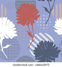 Botanical abstract seamless pattern. Modern creative vector texture. Wild plant color silhouettes on  dots geometric background. Hand drawing illustration for your design. Good for fashion print
