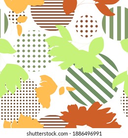 Botanical abstract seamless pattern. Modern creative vector texture. Floral silhouettes on white polka dots geometric background. Hand drawing illustration for your design. Good for fashion prints.