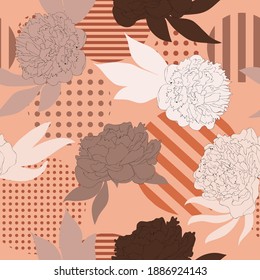Botanical abstract seamless pattern. Modern creative vector texture. Peony silhouettes on polka dots geometric background. Hand drawing illustration for your design. Good for fashion prints.