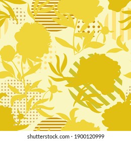 Botanical abstract seamless pattern. Modern creative vector texture. Peony silhouettes on polka dots geometric background. Monochrome hand drawing illustration in yellow. Good for fashion prints.