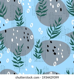 botanical abstract seamless pattern of twigs with dots and spots.
