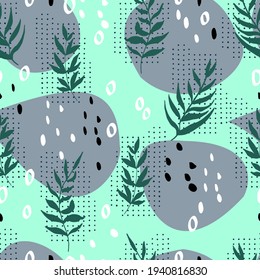 botanical abstract seamless pattern of twigs with dots and spots.