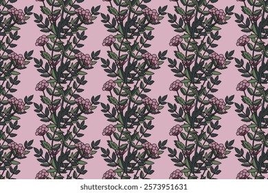 Botanical abstract seamless pattern whit plant and flowers vector illustration. Repeating floral print in retro green purple pastel colors. Graphic design for Wallpaper Wedding Cover Wrapping Textile