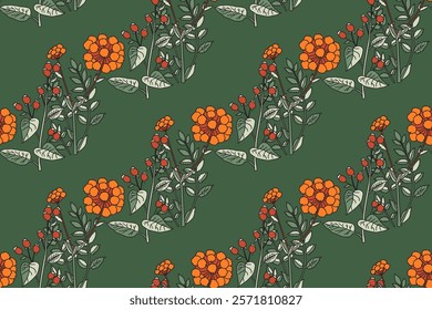 Botanical abstract seamless plant pattern with wildflowers vector illustration. Repeating floral print in vintage green pastel colors. Graphic design for Wallpaper Wedding Cover Wrapping pack Textile