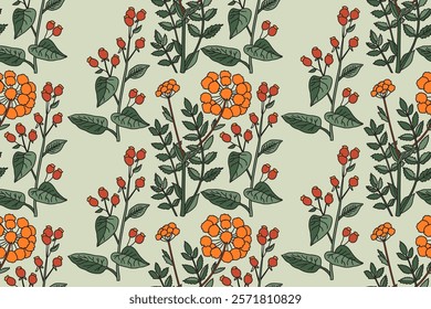 Botanical abstract seamless plant pattern with wildflowers vector illustration. Repeating floral print in vintage green pastel colors. Graphic design for Wallpaper Wedding Cover Wrapping pack Textile