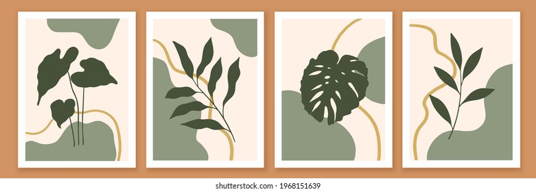 Botanical and abstract shapes wall art design. Modern minimal trendy style composition with monstera, banana, palm leaves, green foliage. Summer exotic mood. Aesthetic contemporary composition.
