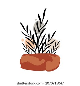Botanical abstract vector clipart. Hand drawn foliage and plants in linear style, abstract shapes and figures. Terracotta and natural colors. Minimal boho design for covers, flyers, banners, wall art