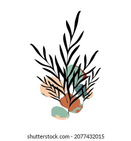 Botanical abstract vector clipart. Hand drawn foliage and plants in linear style, abstract shapes and figures. Terracotta and natural colors. Minimal boho design for covers, flyers, banners, wall art