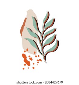 Clipart vector abstracto botánico. Follaje dibujado a mano y plantas de estilo lineal, formas abstractas y figuras. Terracota y colores naturales. Diseño mínimo de boho para cubiertas, volantes, pancartas, barra de pared