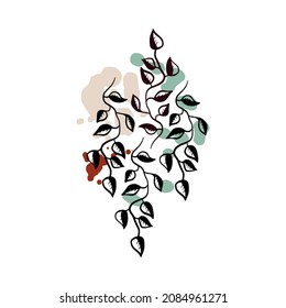 Botanische abstrakte Vektorclip-Kunst. Handgezeichnetes Blattwerk und Pflanzen im linearen Stil, abstrakte Formen und Figuren. Terrakotta und Naturfarben. Minimales Boho-Design für Deckeln, Flyer, Banner, Wandteppiche