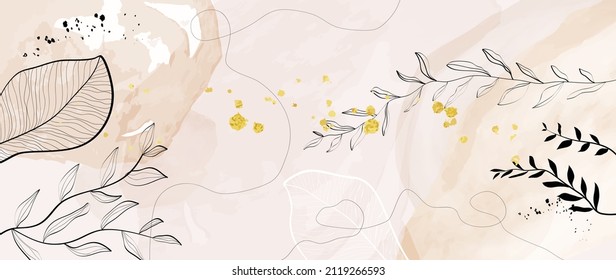 Botanical abstract vector with line art pattern background. Leafy and branch wallpaper design with watercolor texture and luxury golden brush. For banner, prints, wall art, invitation.