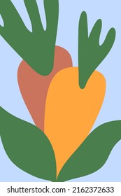 Botanical abstract vegetable wall art. Carrots love. Paper-cut objects of nature. Artistic drawing of foliage. Flat plant design for posters. Wall decor in a classy bohemian or Scandinavian style