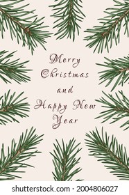Botanical abstract vintage card with patterned frame. Invitation with fir branches. Christmas frame. Colorful pattern.