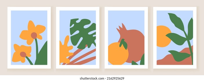 Conjunto de arte botánico abstracto en la pared. Objetos de la naturaleza cortados en papel. Dibujo artístico del follaje. Diseño de planta plana para afiches. Decoración de estilo bohemio o escandinavo
