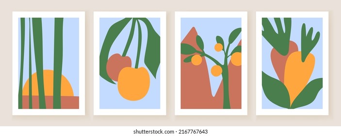 Botanical abstract wall art set. Paper-cut objects of nature. Artistic drawing of foliage. Flat plant design for posters. Decor in a classy bohemian or Scandinavian style