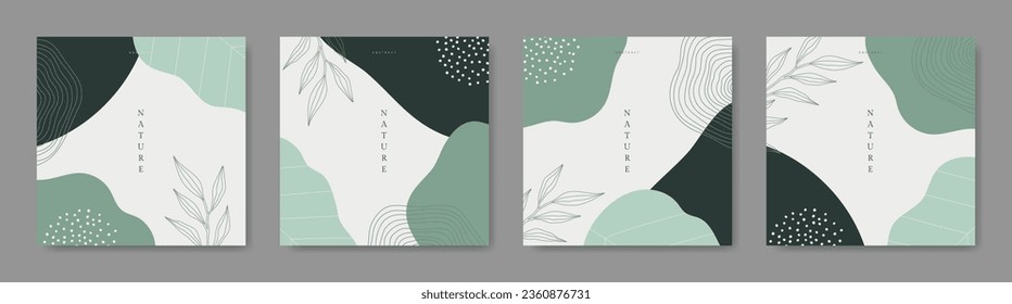 Botanical abstract wall art set. Foliage simple line drawing. Plant shape. Copy space, Text, Social media stories post. Leaf background template. Trendy style design flat vector isolated illustration.