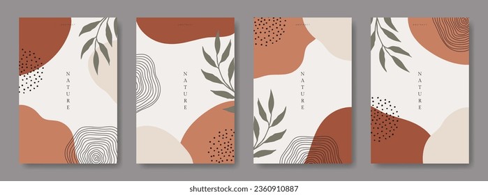 Botanical abstract wall art set. Foliage simple line drawing. Plant shape. Copy space, Text, Social media stories post. Leaf background template. Trendy style design flat vector isolated illustration.