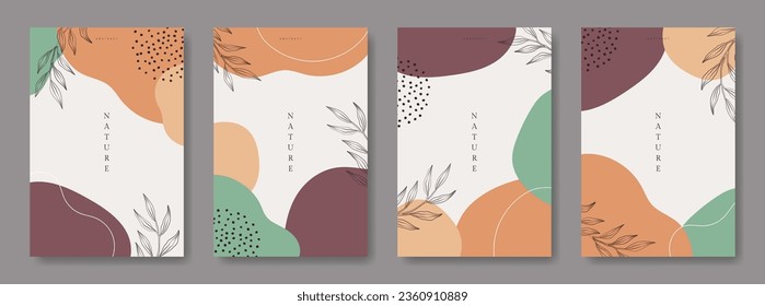 Botanical abstract wall art set. Foliage simple line drawing. Plant shape. Copy space, Text, Social media stories post. Leaf background template. Trendy style design flat vector isolated illustration.