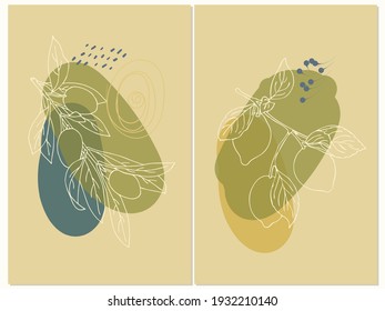 Conjunto de vectores de arte mural abstracto botánico. Limón de garabato y aceitunas. Dibujar una línea con forma abstracta. Resumen Diseño de arte vegetal para la impresión, cubierta, papel pintado, arte de pared mínimo y natural.