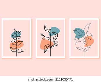 Botanical abstract wall arts vector collection. Luxury pattern design with leafy line arts, Hand drawing, organic shape design for wall framed prints, canvas prints, poster. 