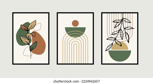 Vector de artes murales botánicas y abstractas. Diseño de patrones lujosos de mediados del siglo con artes de línea de hojas, dibujo manual Diseño de formas orgánicas para impresiones enmarcadas en pared, impresiones de lienzo, afiche, decoración doméstica