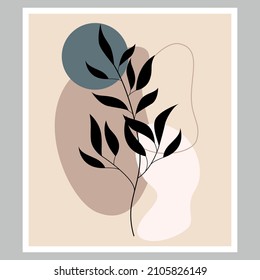 Botanical abstraction in boho style. Foliage drawing with abstract figures. Plant art design for printing, cover art, wallpaper, wall art.