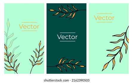 Esbozo estético botánico vectorial de ilustraciones. Decoración de hojas con fondo vertical dibujado a mano. Bandera de los medios de la planta