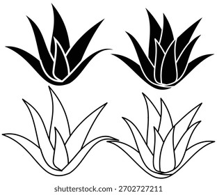 Botânica Aloe Vera Vetor Coleção - Linha de Arte, Silhuetas e Conjunto de Ícones Mínimo